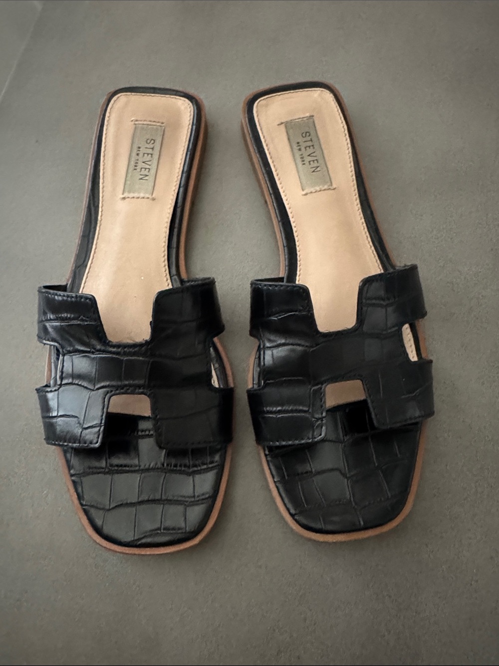 STEVEN by Steve Madden Black Croc-Embossed Slide Sandals